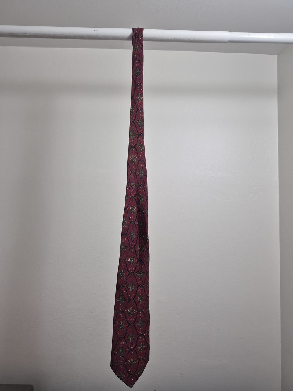 Vintage Burgundy Patterned Tie with Blue Accents 100% Silk